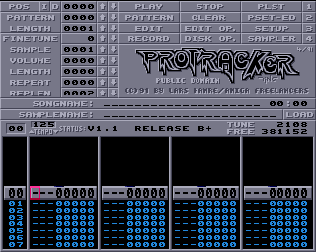 ProTracker 1.1 auf dem Amiga, 1991: Notenraster mit vier Spalten für die vier Kanäle
