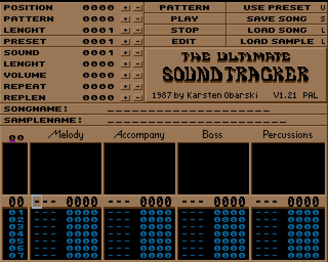 Der Ultimate Soundtracker auf dem Amiga, 1987: Sample-Liste und Pattern-Raster